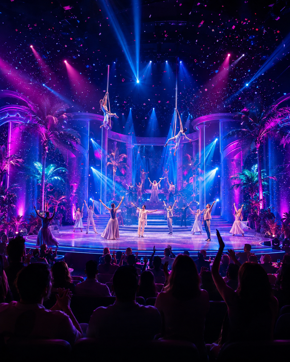 Escenario nocturno con luces azules y magenta
