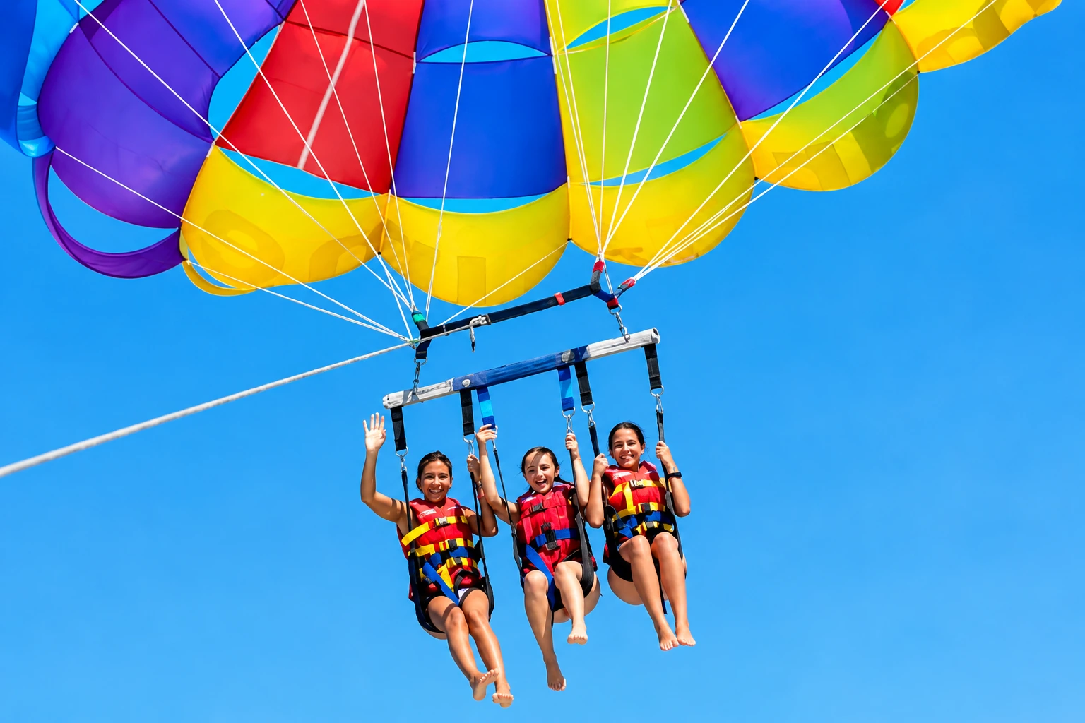 Vuelo de parasailing con un paracaídas multicolor