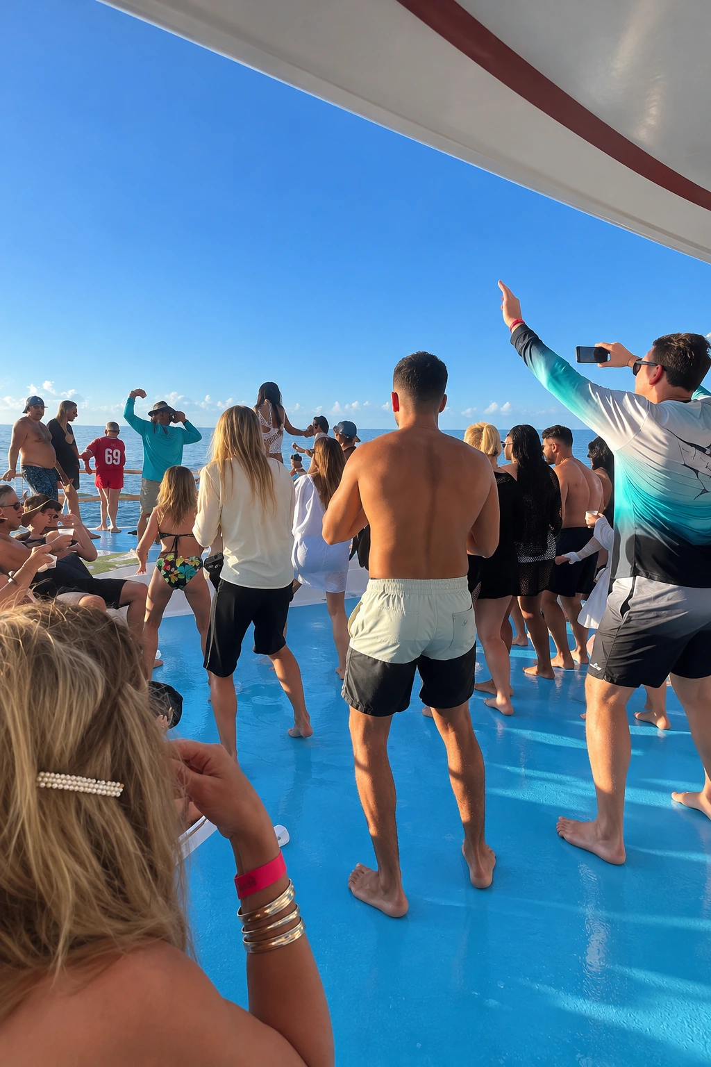 Viajeros disfrutando la música en la cubierta de un Party Boat