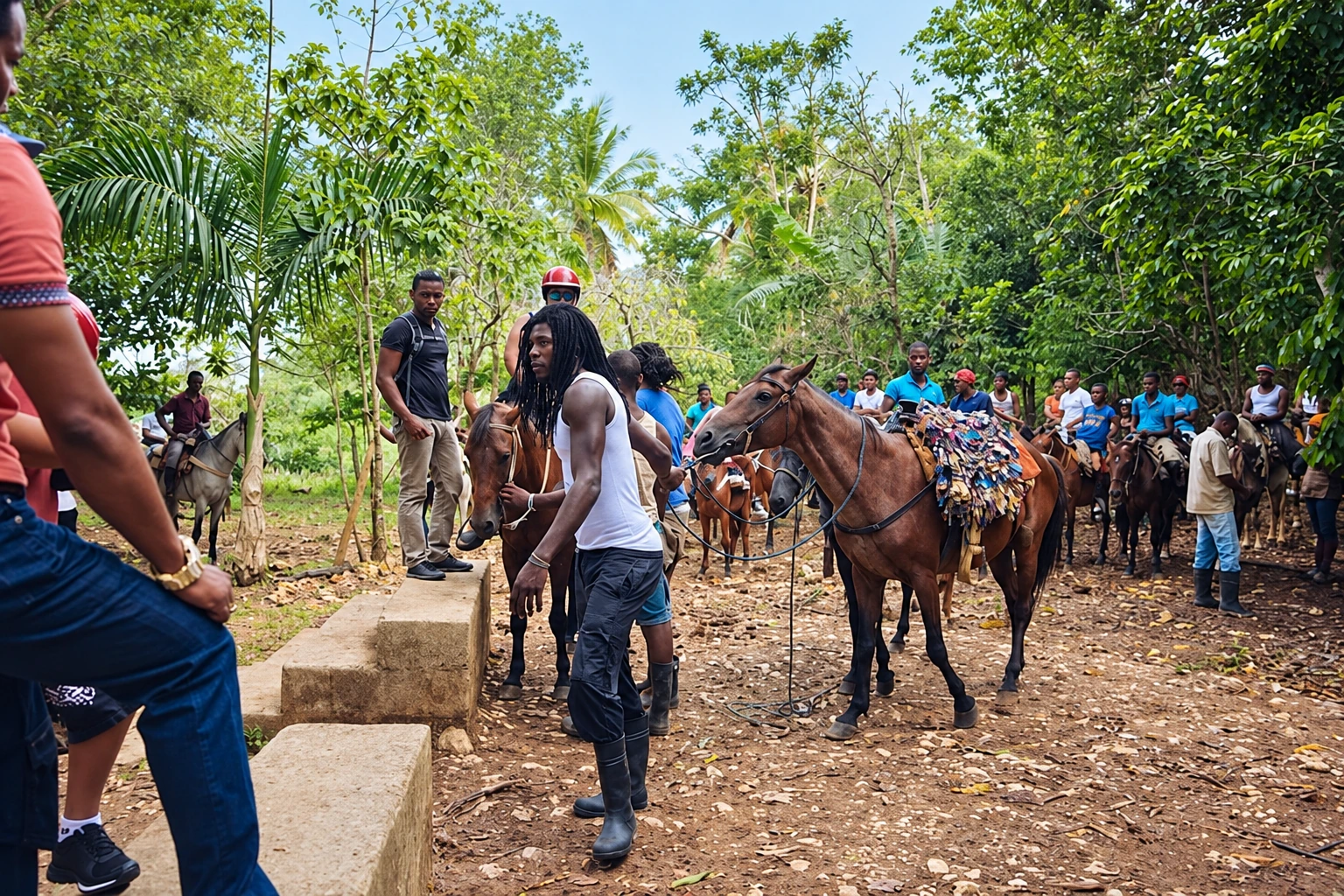 Visitantes y caballos en un sendero del recorrido de Samaná
